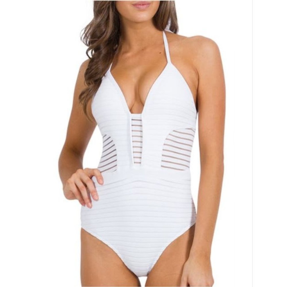NWT! Bar III Women's Sz S White Mesh Stripes Struc